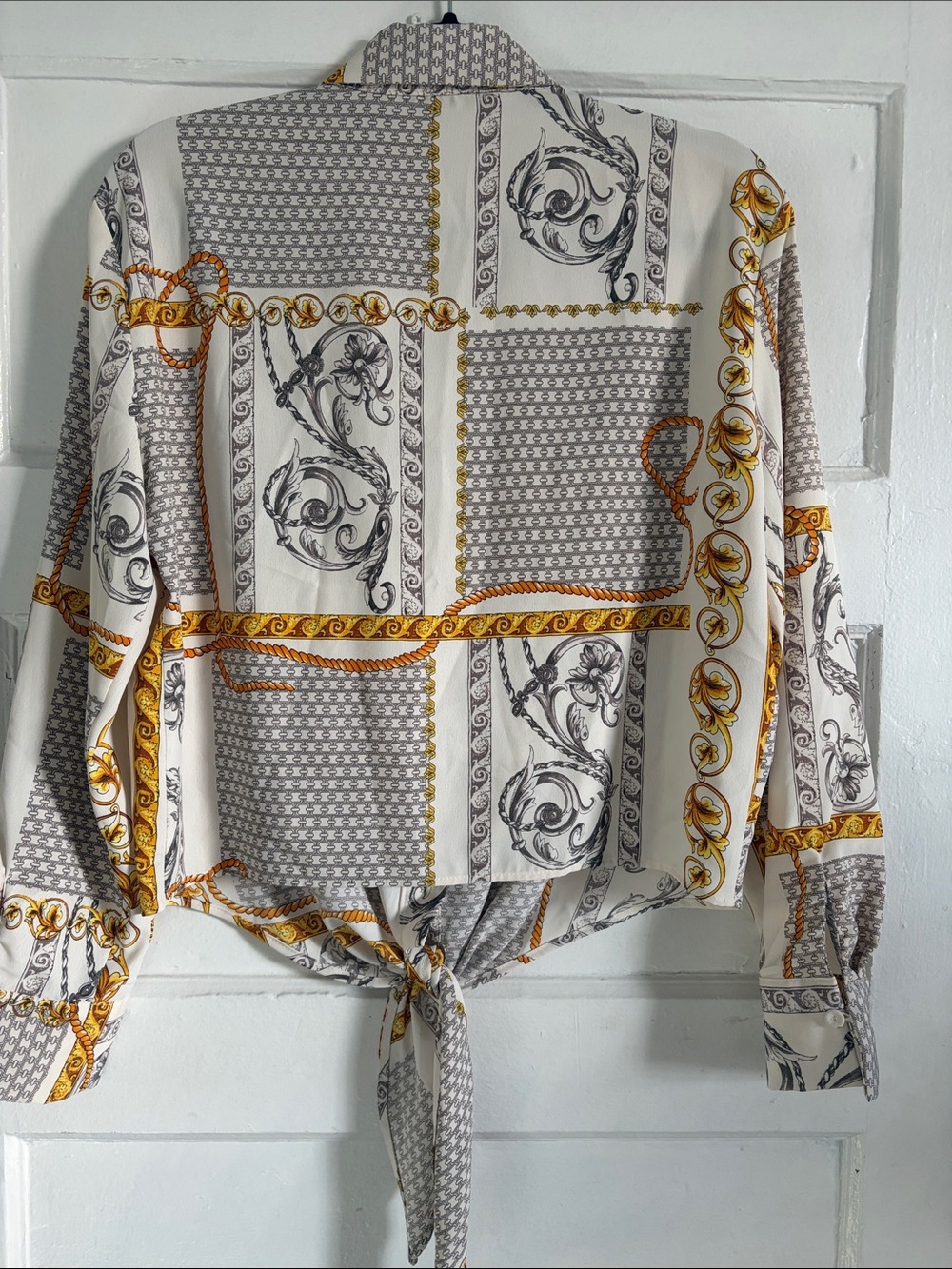 MNG Baroque Print Button-Down Shirt in Cream, Gold & Gray - Picture 6 of 6